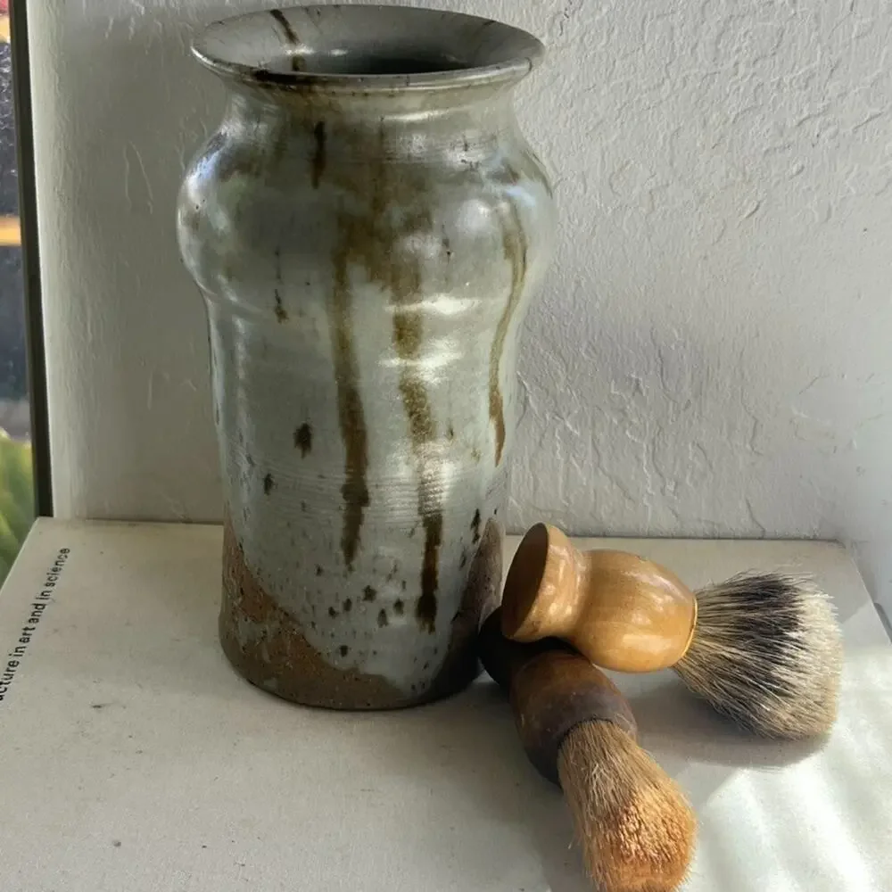 Studio Art Pottery Stoneware Tall Vase Glaze Brown Drips Signed By Carol R.